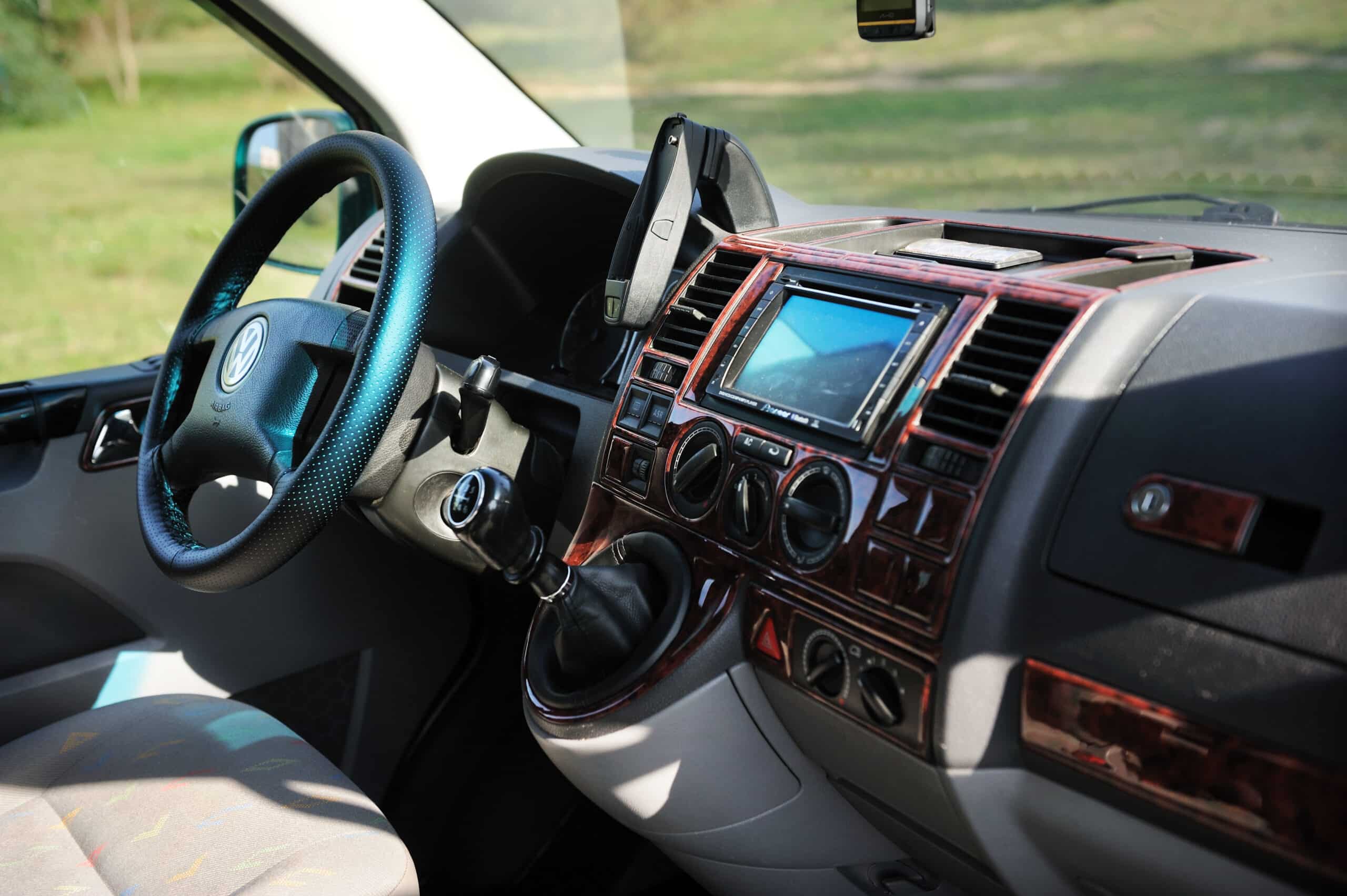 Belarus, Brest - August 04, 2019: T 5 Transporter, close-up of the dashboard, adjustment of the blower, air conditioner, player.Photographing a modern car in the parking lot in Brest.n