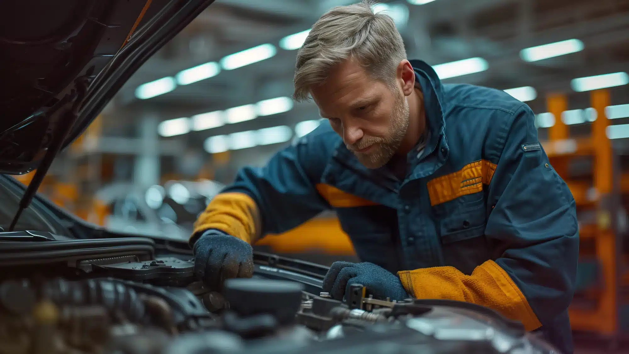 european auto shop technician preparing a vehicle for routine service and inspection